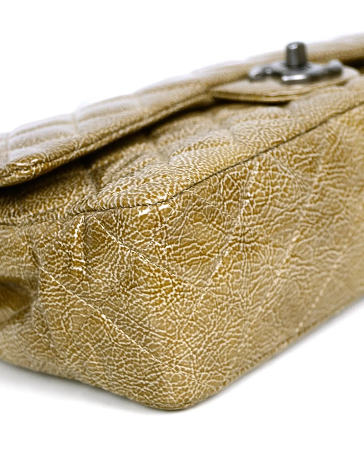Chanel Beige Crumpled Patent Quilted Double Flap 10" Classic Bag