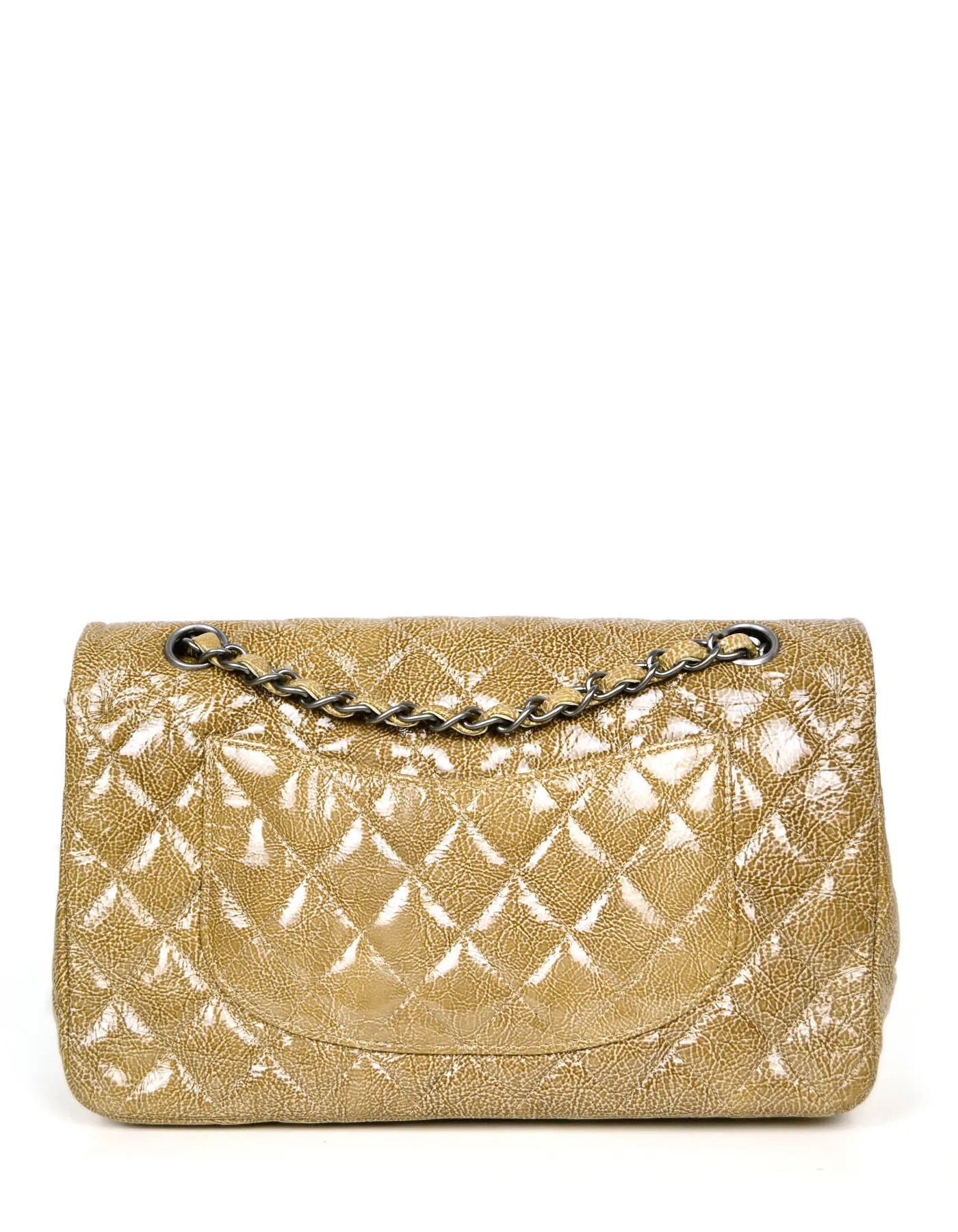 Chanel Beige Crumpled Patent Quilted Double Flap 10" Classic Bag