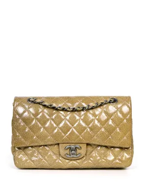 Chanel Beige Crumpled Patent Quilted Double Flap 10" Classic Bag