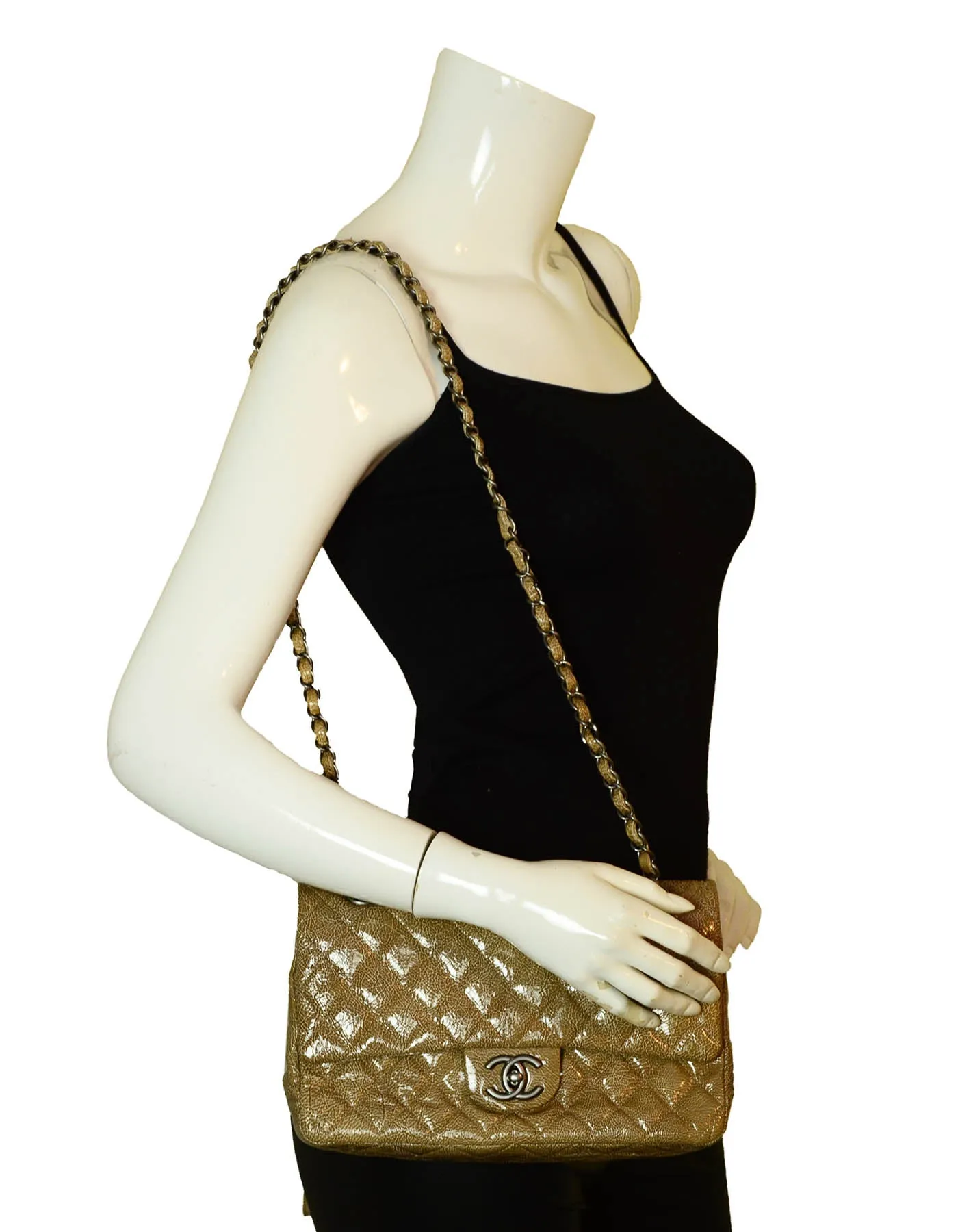 Chanel Beige Crumpled Patent Quilted Double Flap 10" Classic Bag