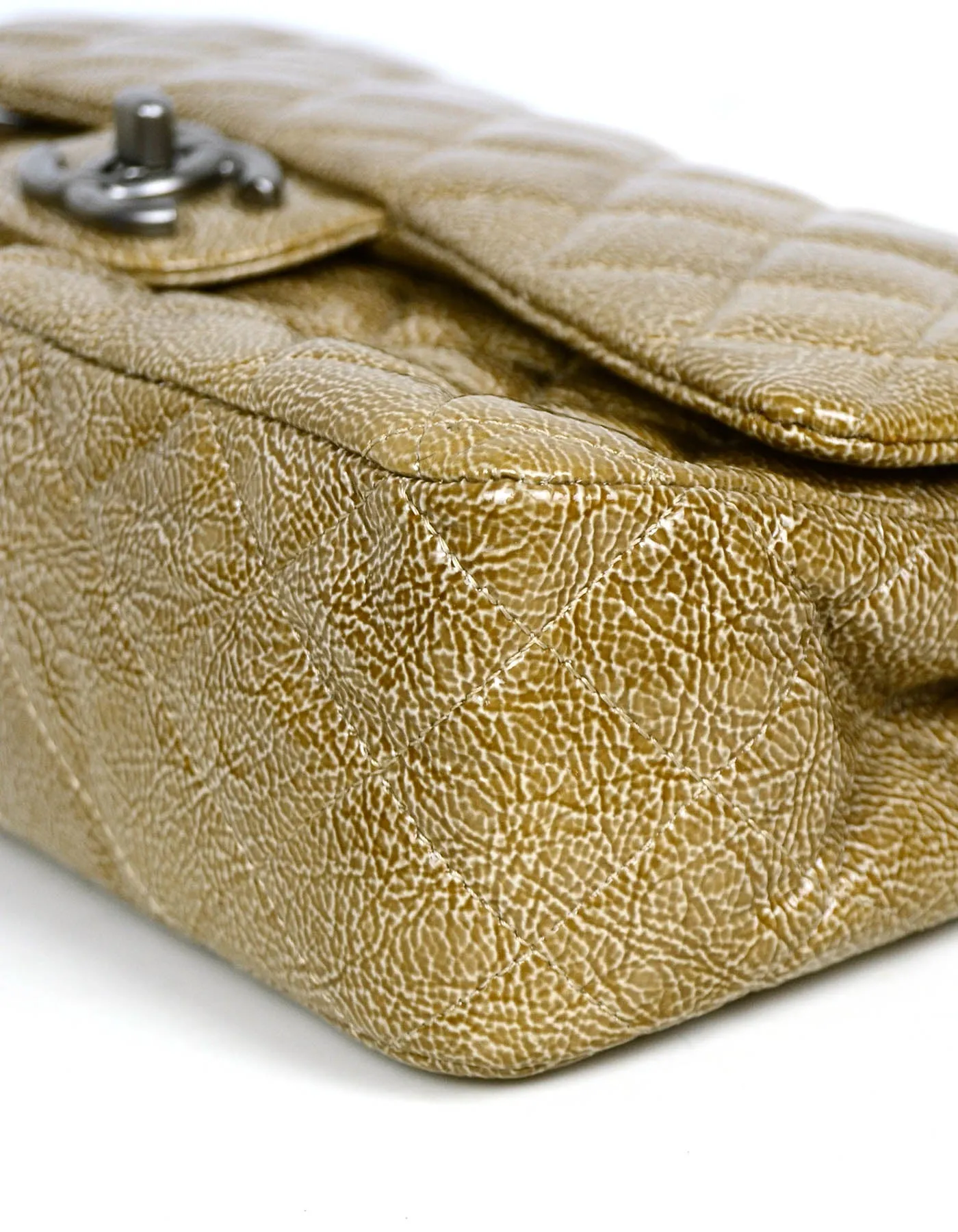 Chanel Beige Crumpled Patent Quilted Double Flap 10" Classic Bag