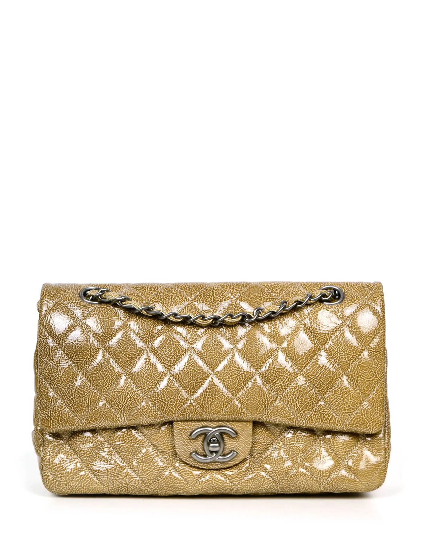 Chanel Beige Crumpled Patent Quilted Double Flap 10" Classic Bag