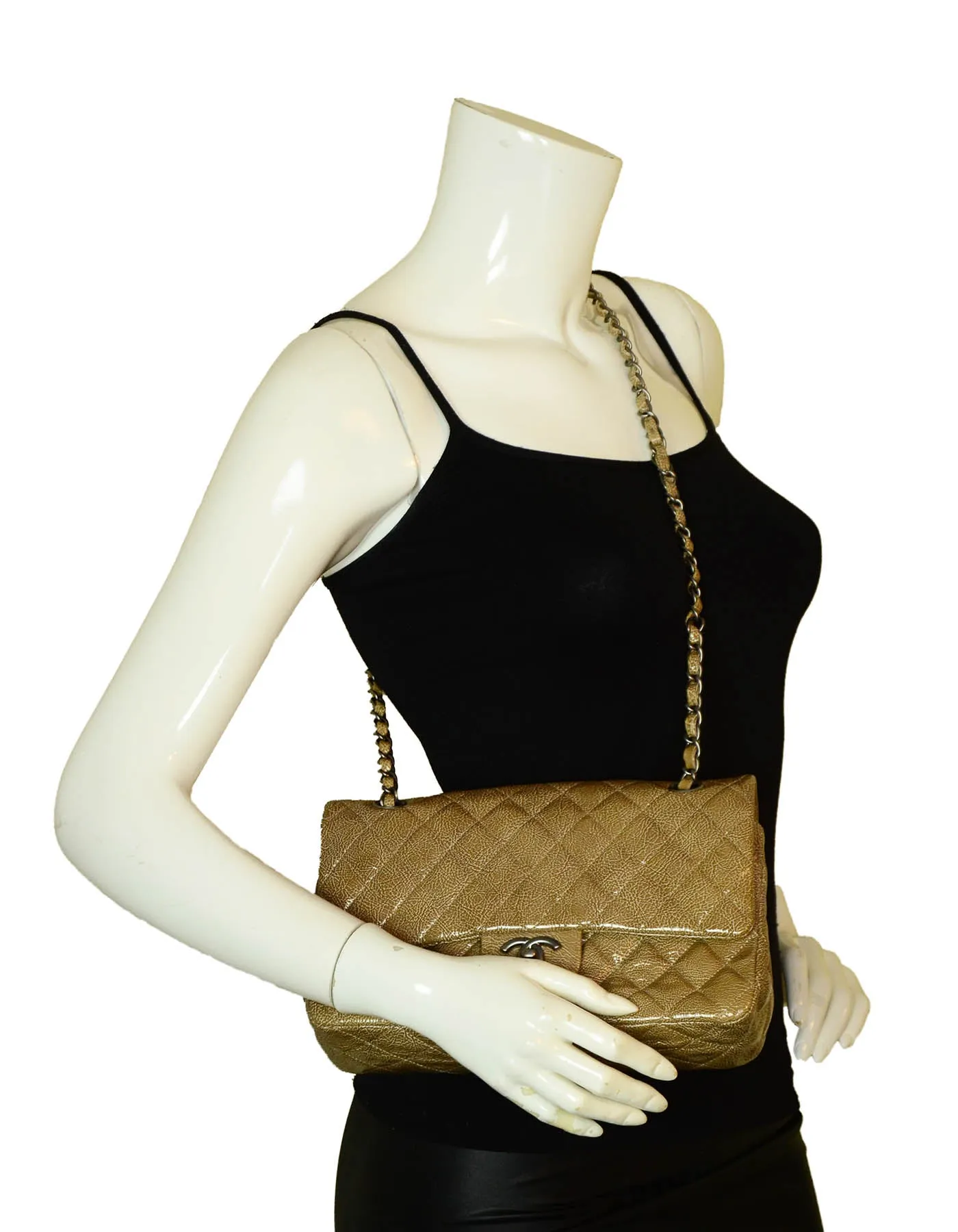 Chanel Beige Crumpled Patent Quilted Double Flap 10" Classic Bag
