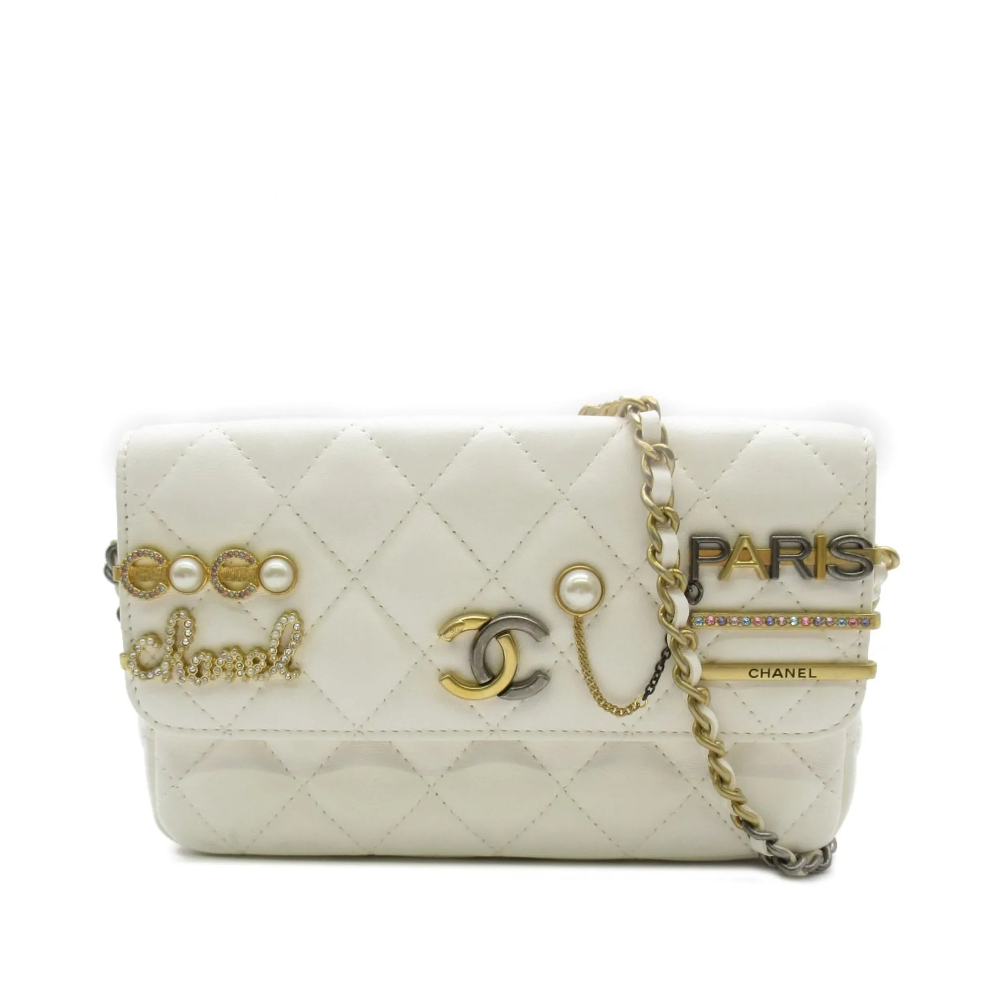Chanel Lambskin Pearl Signature Flap Phone Holder Crossbody Bag