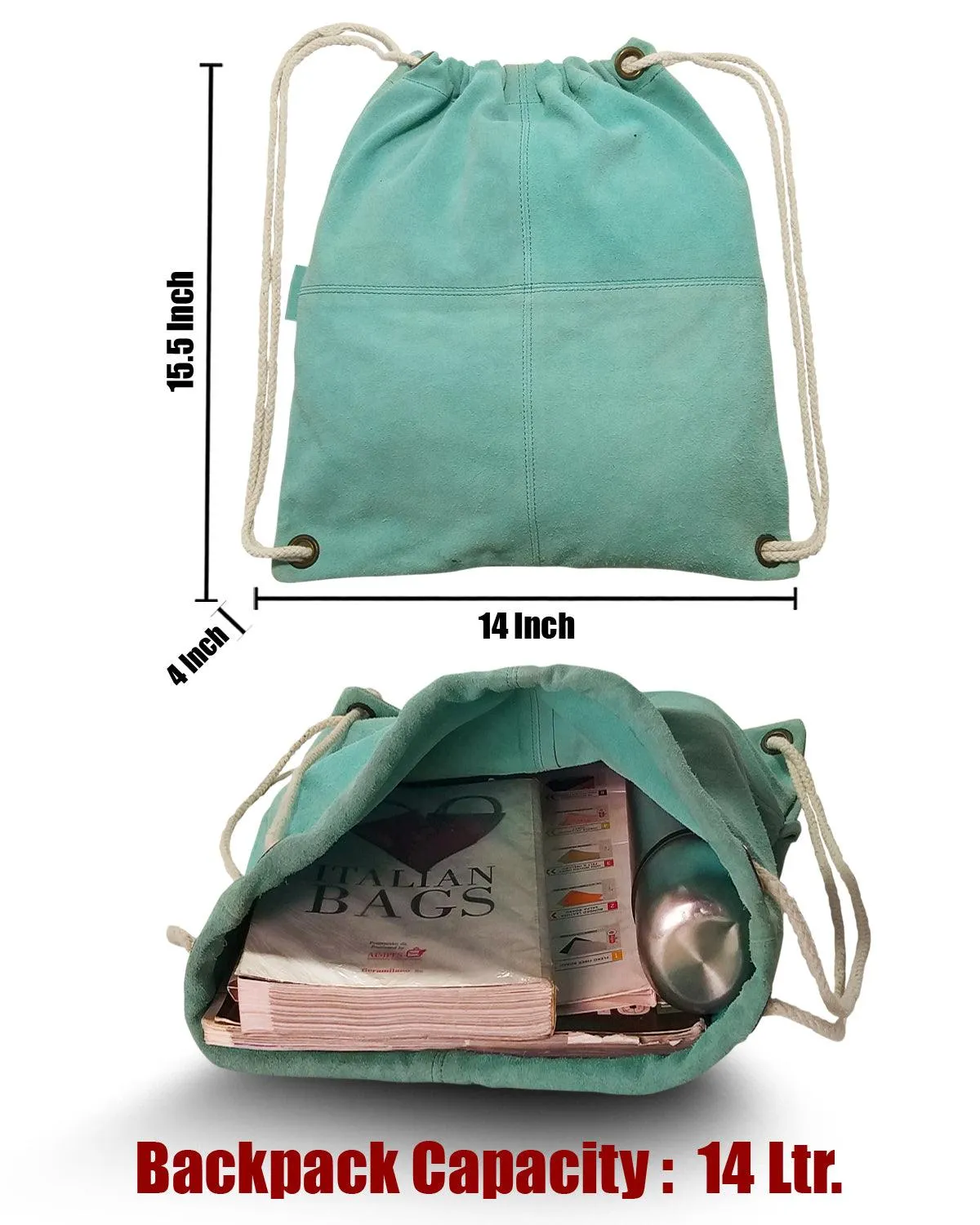 MANDAVA Suede Leather Drawstring Backpack Unisex Sack Cinch School/College/Gym Bag (Light Turquoise)