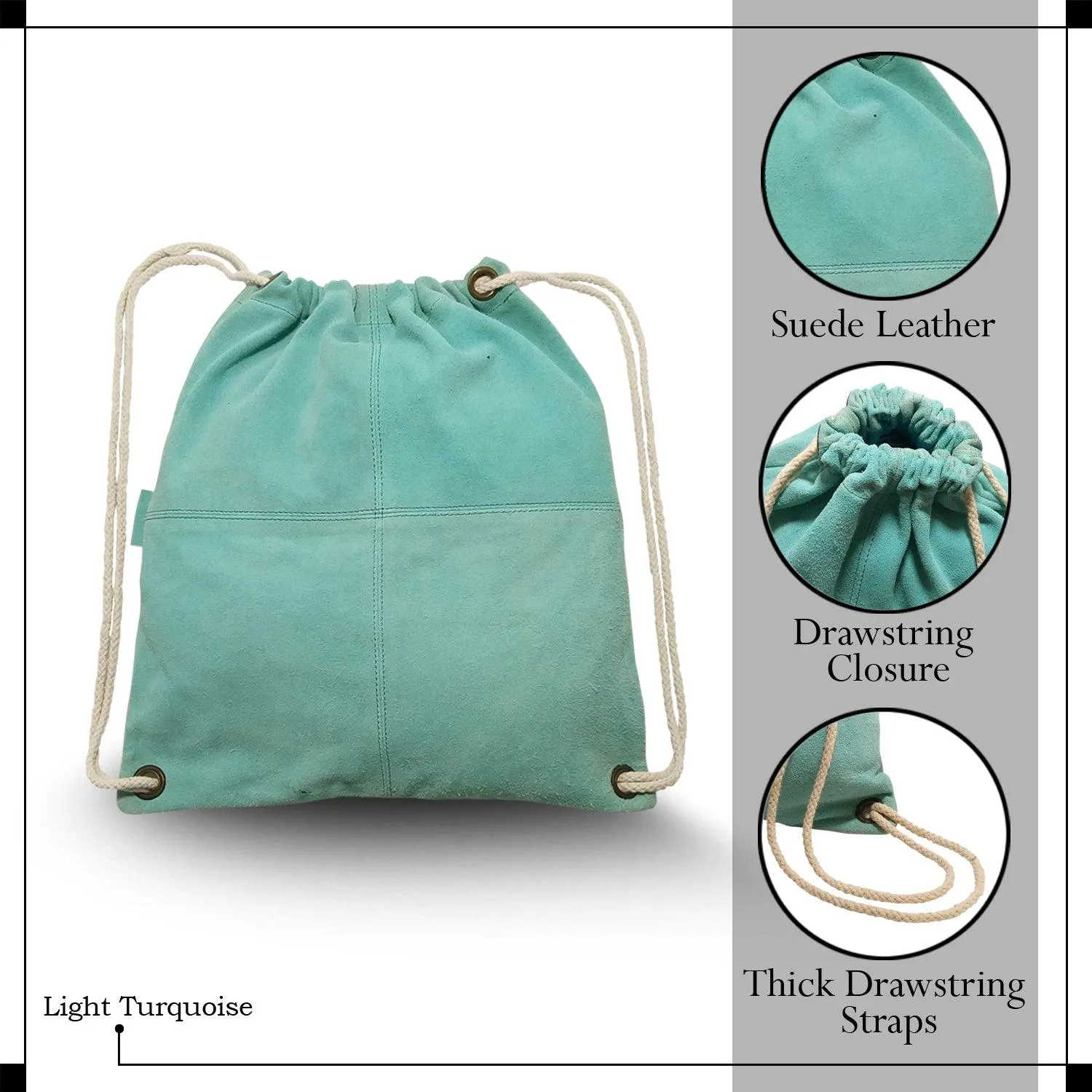 MANDAVA Suede Leather Drawstring Backpack Unisex Sack Cinch School/College/Gym Bag (Light Turquoise)