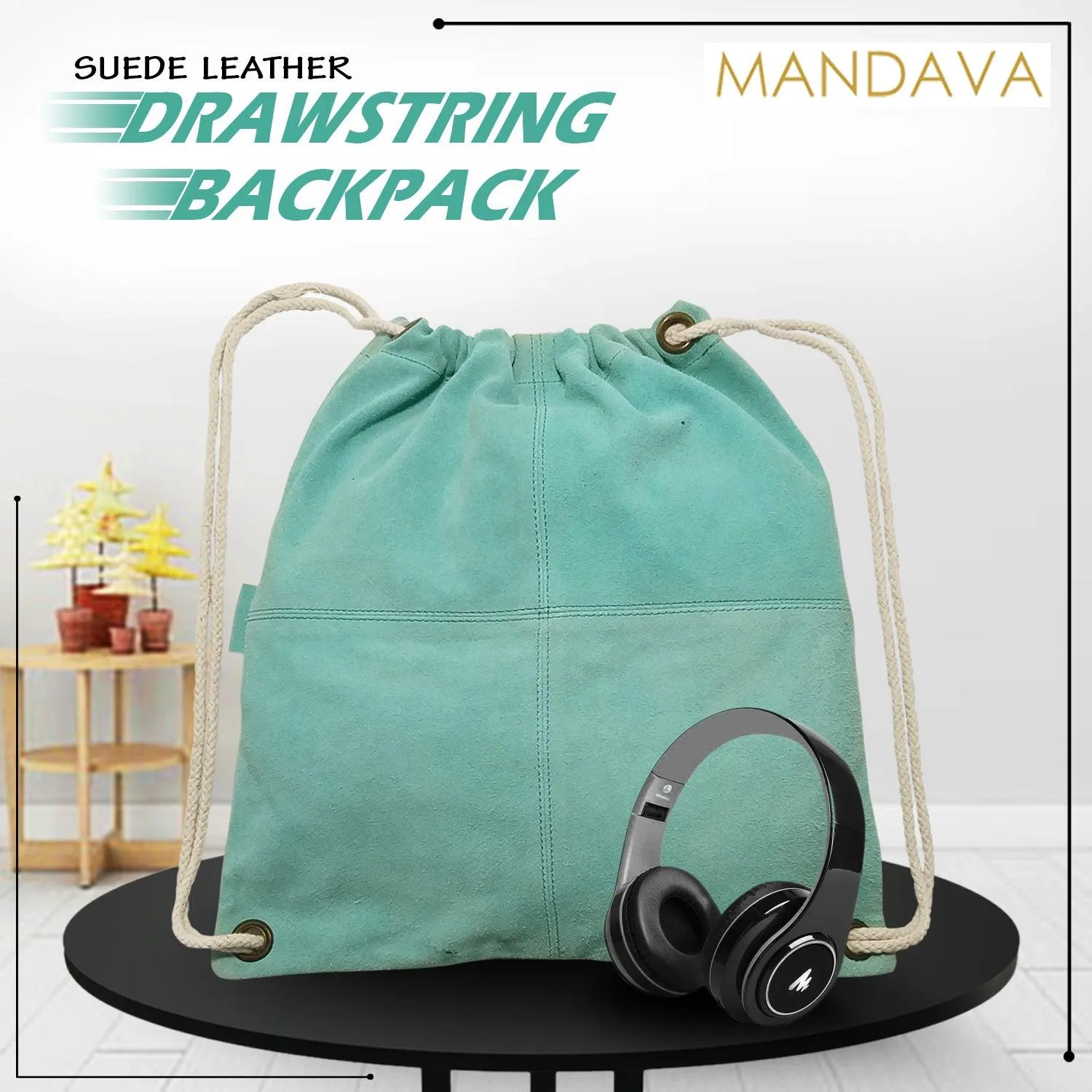 MANDAVA Suede Leather Drawstring Backpack Unisex Sack Cinch School/College/Gym Bag (Light Turquoise)
